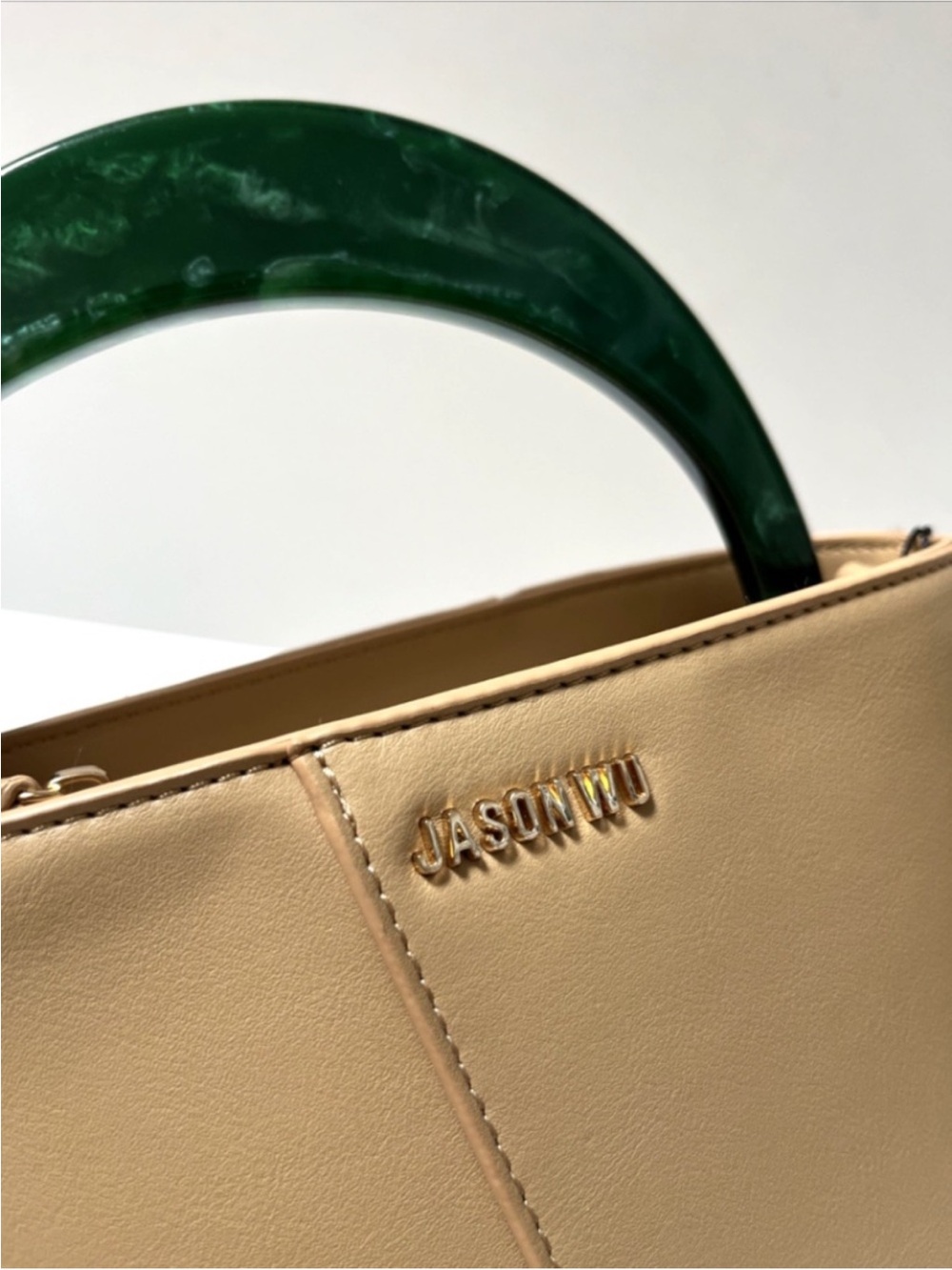 ✨ Jason Wu Mini Top Handle Bag Beige Vegan Leather Green Marble Handle NWT Chic - Picture 3 of 6